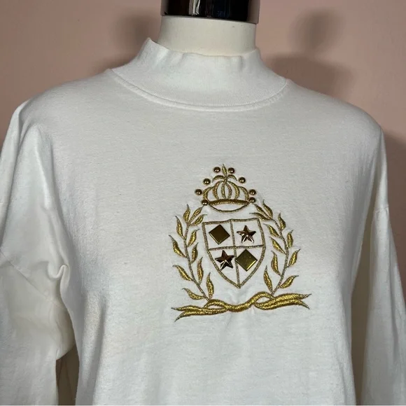 Vintage 1980 Icing Oversized Cream Gold Crown Embellished mock neck sweater - Picture 17 of 17
